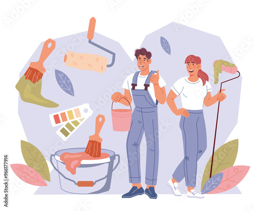 Advertisement of painting services and interior decoration. Banner with painters and plasterers characters, flat vector illustration isolated on white background.