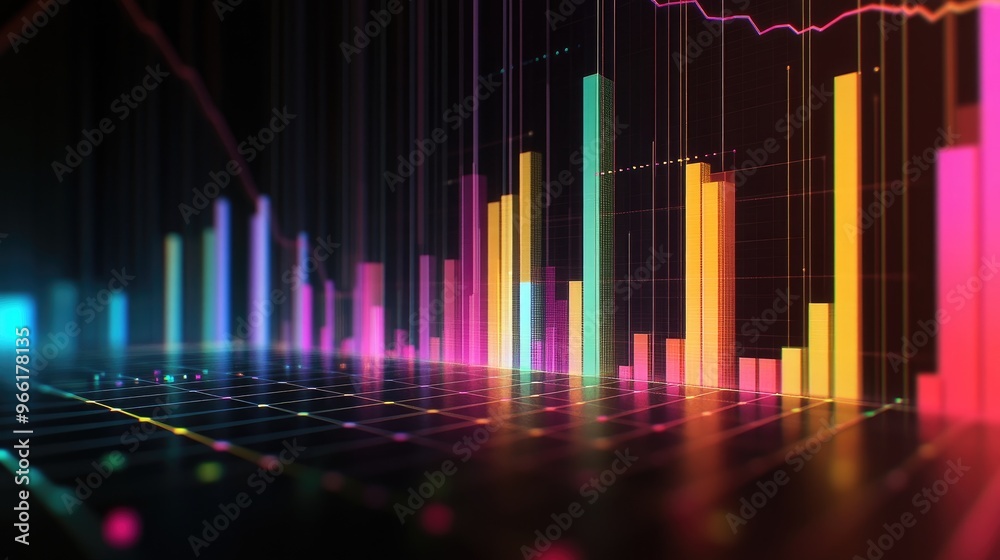 A detailed view of a 3D bar chart with translucent bars and gradient ...