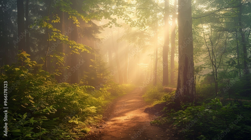 A winding path through a dense forest, shrouded in fog, with sun rays breaking through the canopy and illuminating the trail A winding path through a dense forest, shrouded in fog, with sun rays breaking through the canopy and illuminating the trail