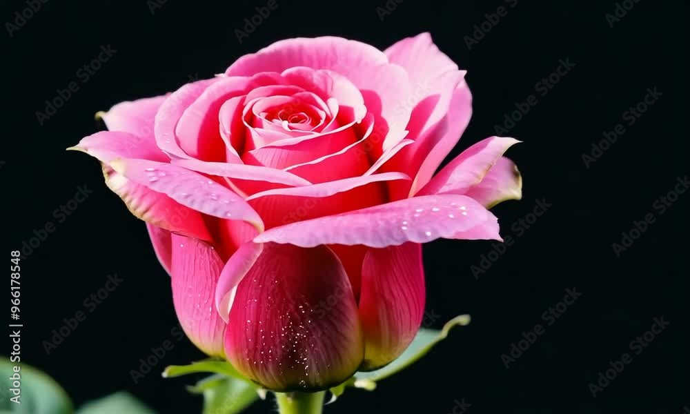 A pink rose flower in beautiful color just opening, on black background, Generative AI A pink rose flower in beautiful color just opening, on black background, Generative AI