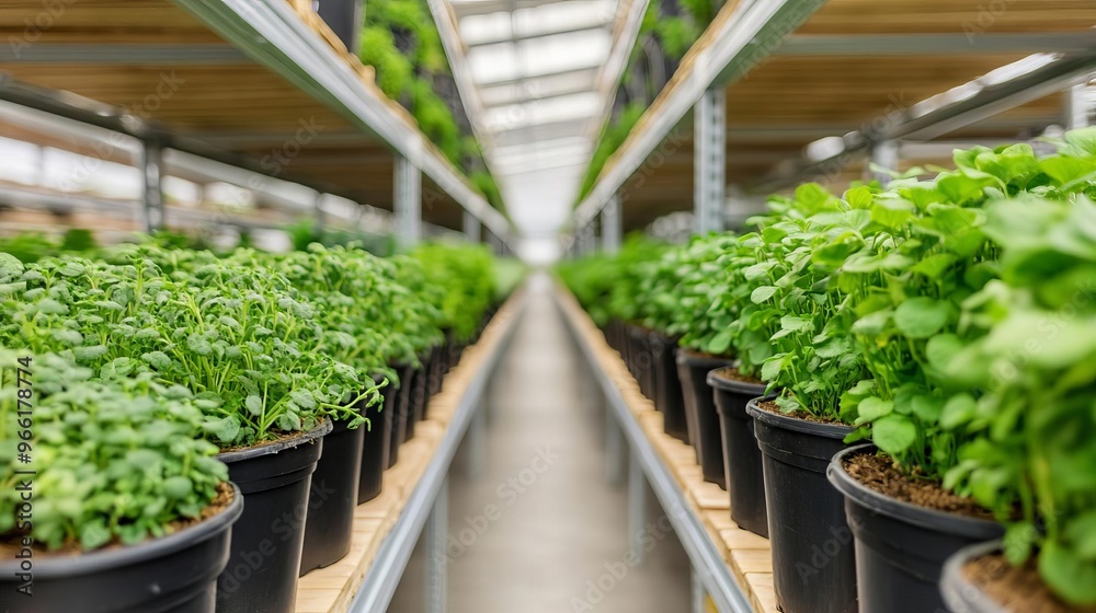 Warehouse filled with rows of potted plants, merging agriculture with industrial storage Warehouse filled with rows of potted plants, merging agriculture with industrial storage