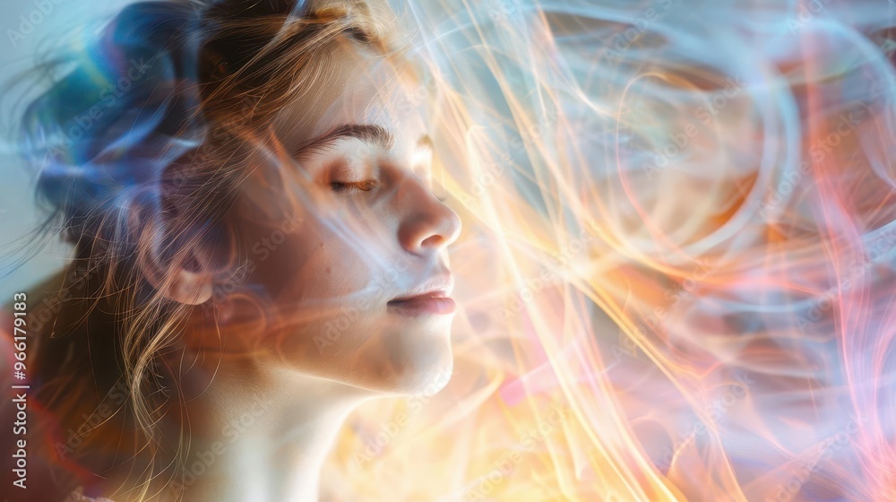 serene woman bathed in soft ethereal light during energy healing session transparent energy fields visualized conveying spiritual awakening and inner peace serene woman bathed in soft ethereal light during energy healing session transparent energy fields visualized conveying spiritual awakening and inner peace