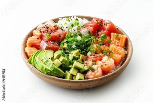 A bowl of food with a variety of ingredients including shrimp, avocado
