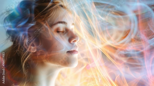 serene woman bathed in soft ethereal light during energy healing session transparent energy fields visualized conveying spiritual awakening and inner peace photo