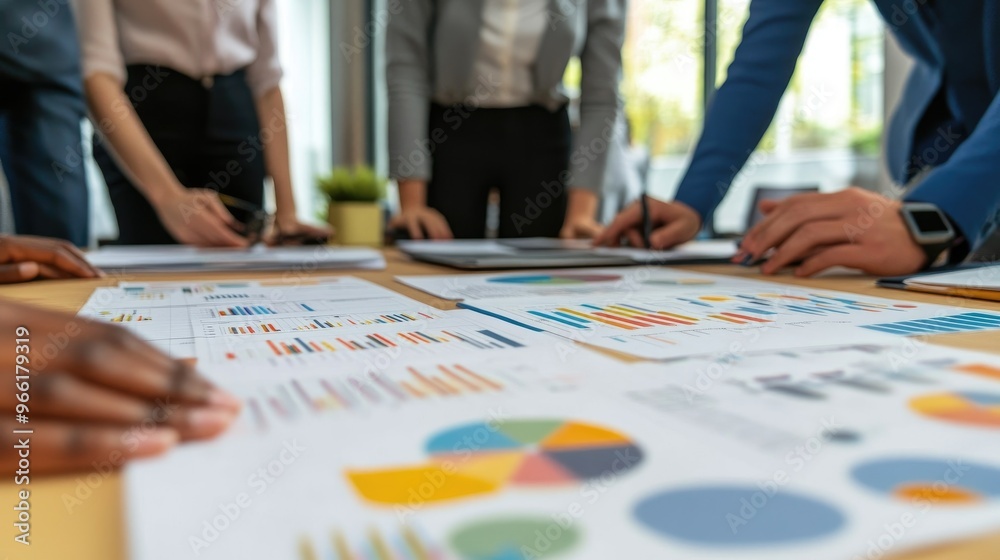 A diverse business team gathered around a large table, analyzing financial charts and graphs on a projector screen during a strategy meeting. A diverse business team gathered around a large table, analyzing financial charts and graphs on a projector screen during a strategy meeting.