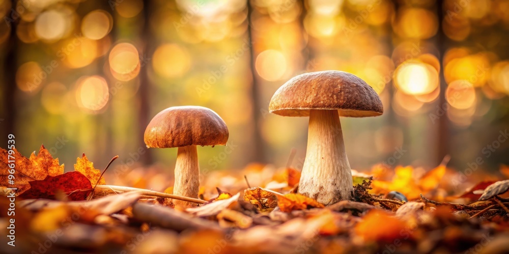 Two brown mushrooms surrounded by fallen leaves in a picturesque autumn forest Two brown mushrooms surrounded by fallen leaves in a picturesque autumn forest