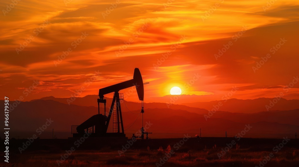 silhouette of oil pump jack against a blazing orange sunset sky desert landscape with distant mountains conveying both industrial power and environmental contemplation silhouette of oil pump jack against a blazing orange sunset sky desert landscape with distant mountains conveying both industrial power and environmental contemplation