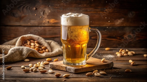 Frothy golden beer poured into a tall glass on a rustic wooden table surrounded by scattered peanuts and photo