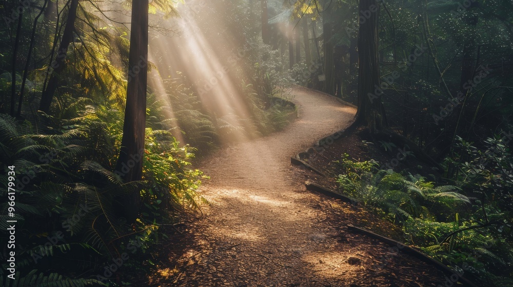 Fototapeta premium A winding path through a dense forest, shrouded in fog, with sun rays breaking through the canopy and illuminating the trail