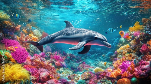 A dolphin gliding effortlessly through the water, with a vibrant underwater scene showcasing coral reefs and marine life in a colorful, clear ocean.