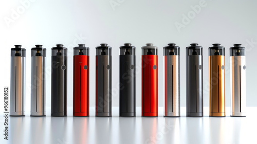 Collection of Colorful Vapes Aligned in a Row. Concept of Modern Vape Devices, E-cigarettes, Bright Design, Smoking Accessories. Stylish Gadgets Display