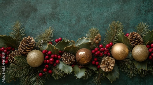 Cozy Yule-inspired trimmings with warm metallic touches on a rustic, forest-green canvas photo