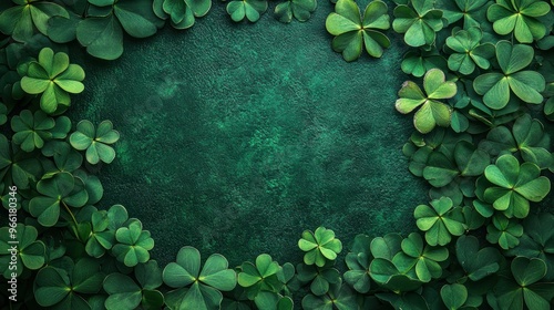 Playful St. Patrick Day decorations with green shamrocks and clovers on a lush, emerald surface