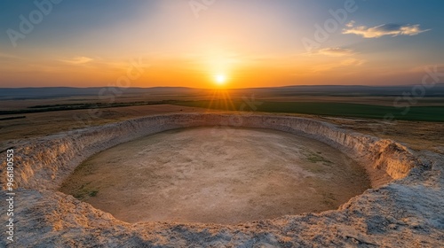 A mesmerizing sunset over a natural crater, showcasing unique geological formations and vibrant colors of nature. photo