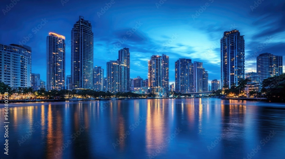 Fototapeta premium A dramatic twilight shot of high-rise buildings along the river, with the sky transitioning to deep blue and city lights beginning to twinkle, reflected in the water.