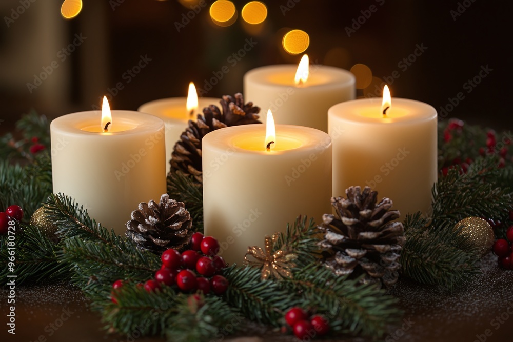 A relaxing image of a group of Christmas candles arranged