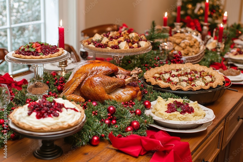 A beautifully arranged holiday feast on a long wooden table A beautifully arranged holiday feast on a long wooden table