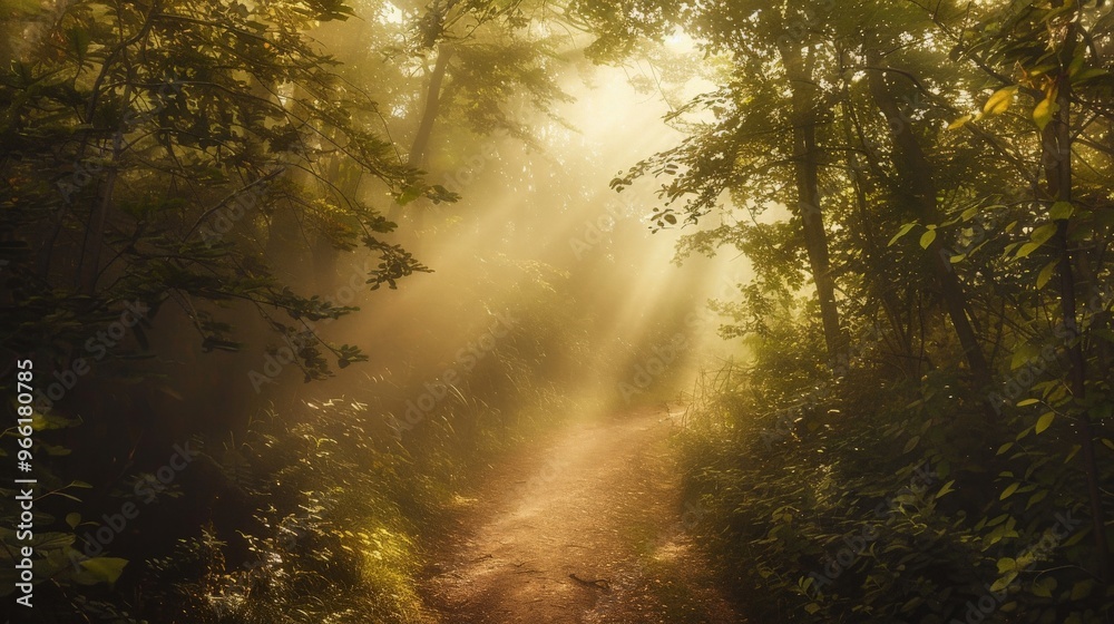 Fototapeta premium A winding path through a dense forest, shrouded in fog, with sun rays breaking through the canopy and illuminating the trail