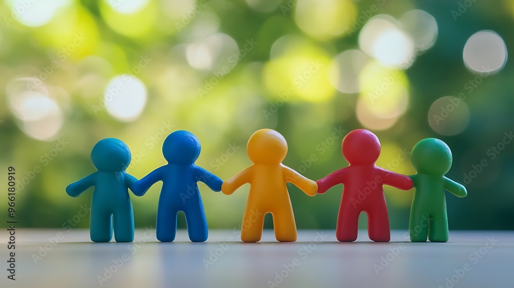 Diverse Plasticine Figures Holding Hands in Unity on Wooden Table with Bokeh Background Diverse Plasticine Figures Holding Hands in Unity on Wooden Table with Bokeh Background