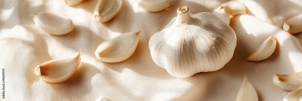 A close-up image of fresh garlic cloves and a bulb on a neutral background. The image symbolizes health, flavor, culinary art, natural ingredients, and cooking.