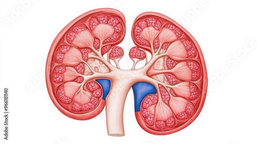 A cross-section of a kidney showing chronic disease progression, medical illustration, realistic style, isolated on white background