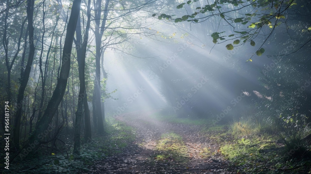 Fototapeta premium A woodland path covered in dense fog, with sunbeams breaking through the mist and creating a magical atmosphere