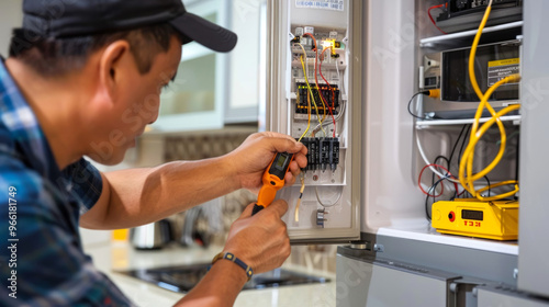 Asian man is using a multimeter to work on an electrical circuit breaker in a kitchen environment. Concept of electrical repair, maintenance, safety inspections, and home renovation photo