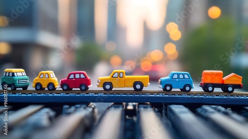 Creative Plasticine Toy Vehicles on Train Track with Cityscape Background