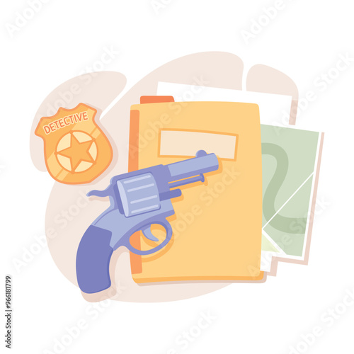 Investigation and Detective Work with Badge, Pistol and Document Folder Vector Illustration