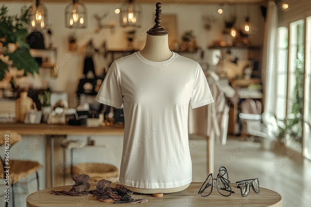 Tshirt on stylish mannequin in boutique background created with Generative AI Tshirt on stylish mannequin in boutique background created with Generative AI