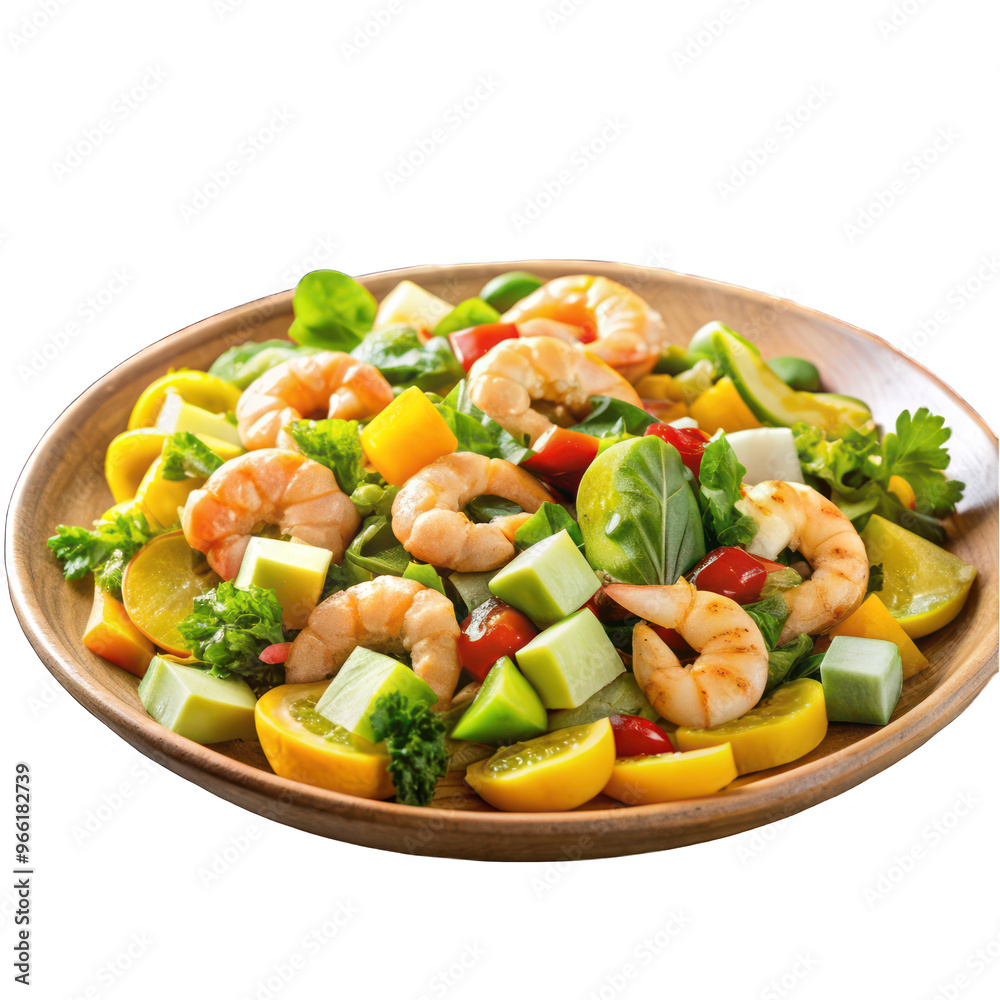 shrimps salad with mango and avocado on wooden table shrimps salad with mango and avocado on wooden table
