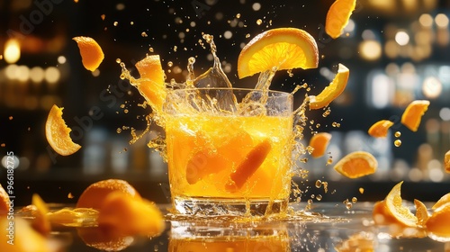 A glass of orange juice in mid-splash, with orange peels and slices frozen in mid-air, creating a vibrant and dynamic advertising scene, perfectly lit