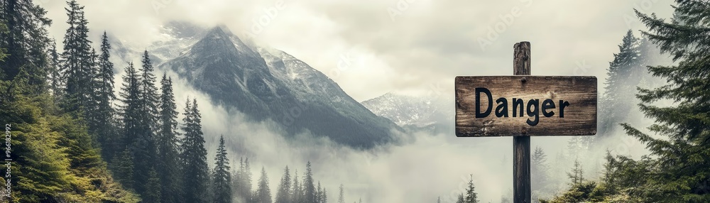 A misty mountainous landscape featuring a weathered sign marking a warning of danger, surrounded by dense trees and fog. A misty mountainous landscape featuring a weathered sign marking a warning of danger, surrounded by dense trees and fog.