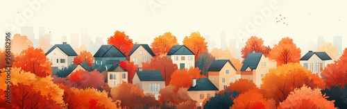 Charming Autumn Cityscape with Colorful Trees and Tiny Houses