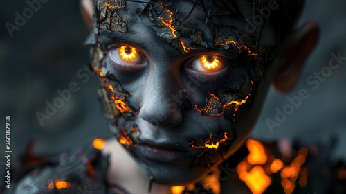 spinechilling portrait of a young boy transformed into a grotesque halloween creature with intricate prosthetic makeup and glowing otherworldly eyes