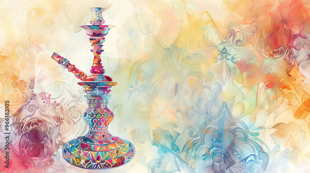 Watercolor illustration of a beautifully designed hookah. Concept of traditional smoking instrument, artistic painting, vibrant colors, Middle Eastern culture. Art. Copy space Watercolor illustration of a beautifully designed hookah. Concept of traditional smoking instrument, artistic painting, vibrant colors, Middle Eastern culture. Art. Copy space
