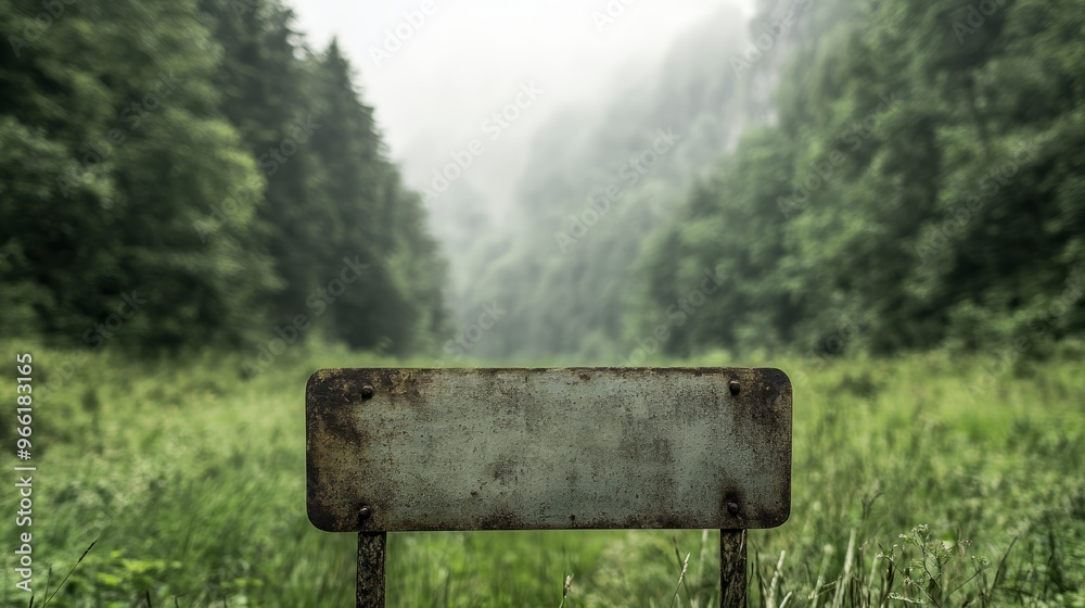 A serene misty forest scene featuring an empty signboard surrounded by lush greenery and soft fog. A serene misty forest scene featuring an empty signboard surrounded by lush greenery and soft fog.