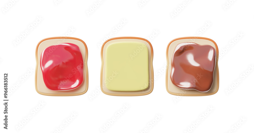 3d sandwiches with white bread, butter, red jam and chocolate paste on a white backgroun 3d sandwiches with white bread, butter, red jam and chocolate paste on a white backgroun