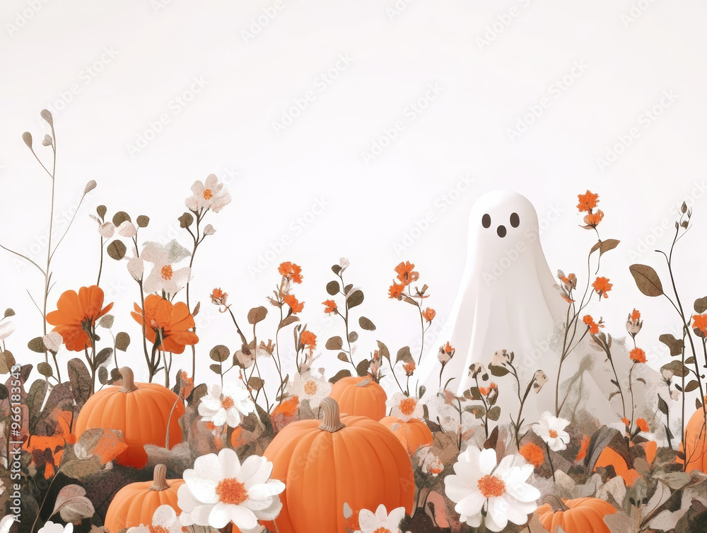 Fototapeta premium Festive Halloween Ghost and Pumpkins Scene