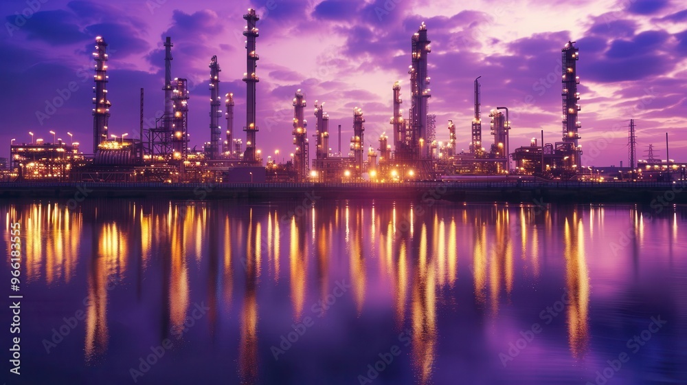 Fototapeta premium sprawling oil refinery at dusk illuminated by warm golden lights against a deep purple sky intricate network of pipes and towers reflected in still water below