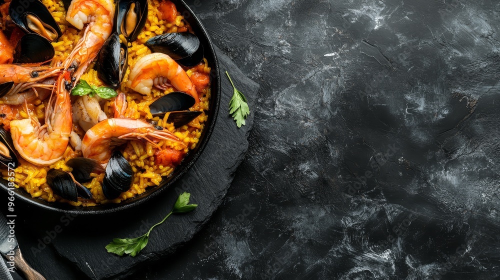 A close-up of a traditional Spanish paella dish, featuring succulent shrimp and plump mussels, served on a black slate background. The dish is bursting with flavor and color, showcasing the culinary a