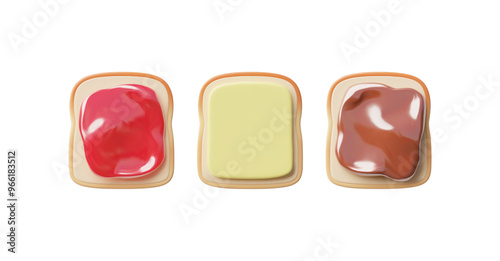 3d sandwiches with white bread, butter, red jam and chocolate paste on a white backgroun