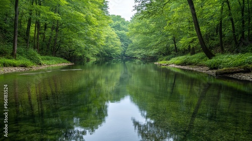 A serene river flows through lush green forests, reflecting nature's beauty in tranquil water. Perfect for nature lovers and relaxation.