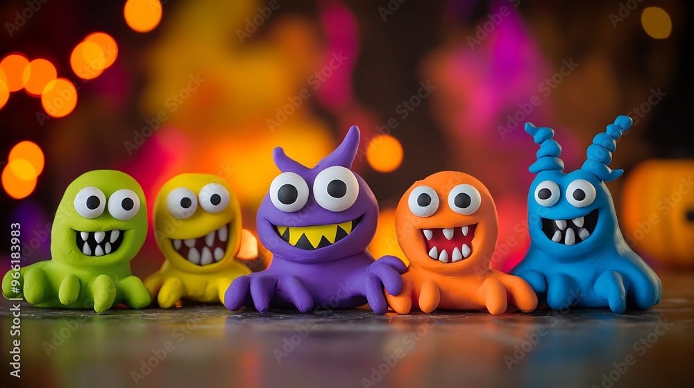 Fototapeta premium Playful Plasticine Monsters on Halloween Table with Spooky Background