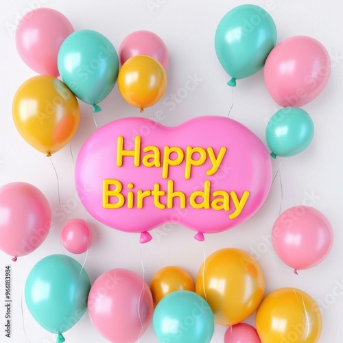 Colorful balloons with a cheerful 'Happy Birthday' banner create a festive atmosphere for birthday celebrations.