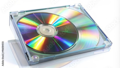 Glossy transparent jewel case holds a shiny compact disc, angled on a white background, highlighting the disc's photo