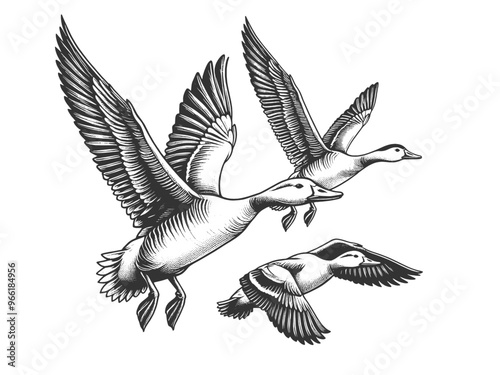 ducks flying in formation, showcasing graceful wing patterns and natural movement in black and white sketch engraving generative ai vector illustration. Scratch board imitation. Black and white image.