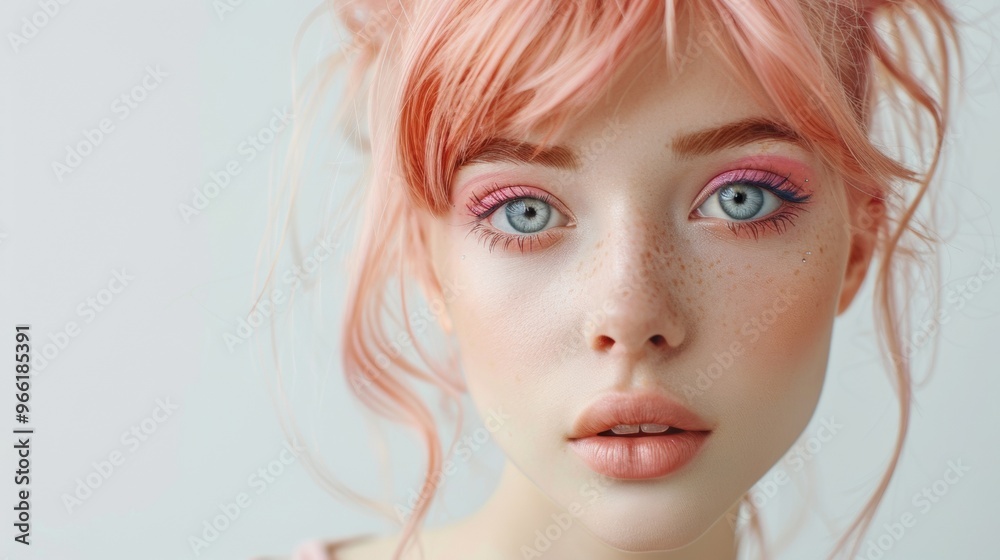 portrait of a white woman with freckles and light eyes and pink hair on a white background portrait of a white woman with freckles and light eyes and pink hair on a white background