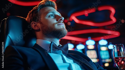 Glamorous evening in a casino with guests enjoying drinks and games bright lights high resolution high detail ultra HD clean presentation