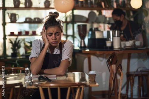 tired waitress sitting at a cafe table, restaurant waiter with a headache at end of working day, employee resting in a closed cafe, overwork tired waitress sitting at a cafe table, restaurant waiter w